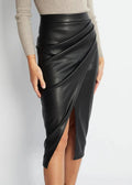 Women's Draped Faux Leather Midi Pencil Skirt with Slit
