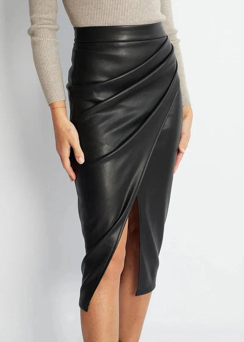 Women's Draped Faux Leather Midi Pencil Skirt with Slit