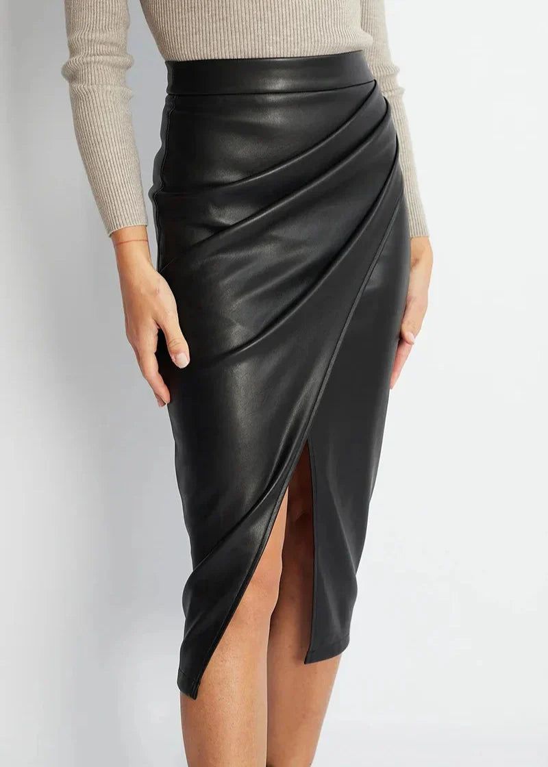 Women's Draped Faux Leather Midi Pencil Skirt with Slit