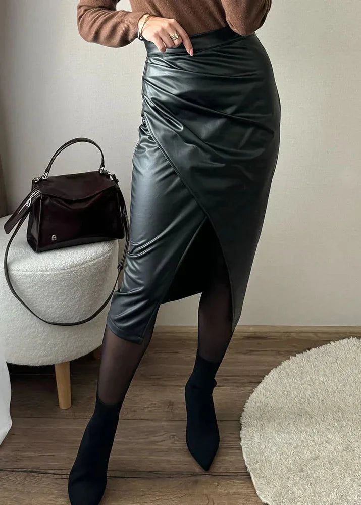 Women's Draped Faux Leather Midi Pencil Skirt with Slit