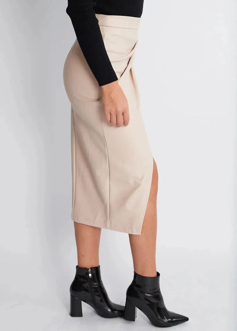 Women's Draped Faux Leather Midi Pencil Skirt with Slit