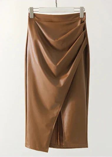 Women's Draped Faux Leather Midi Pencil Skirt with Slit