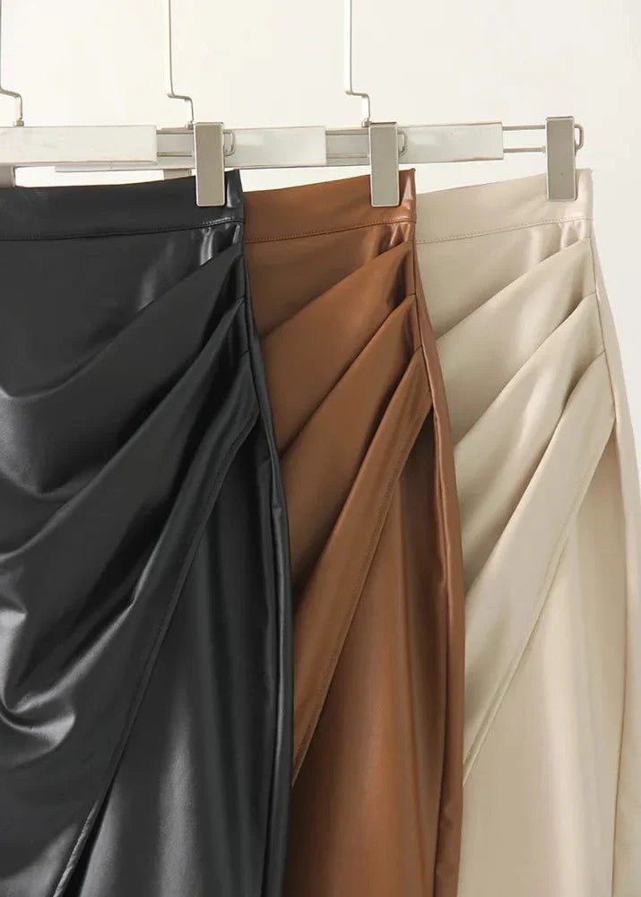 Women's Draped Faux Leather Midi Pencil Skirt with Slit