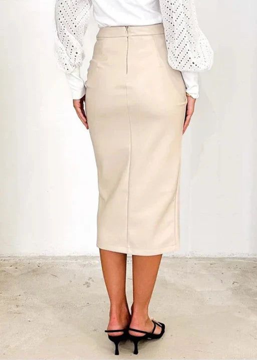 Women's Draped Faux Leather Midi Pencil Skirt with Slit