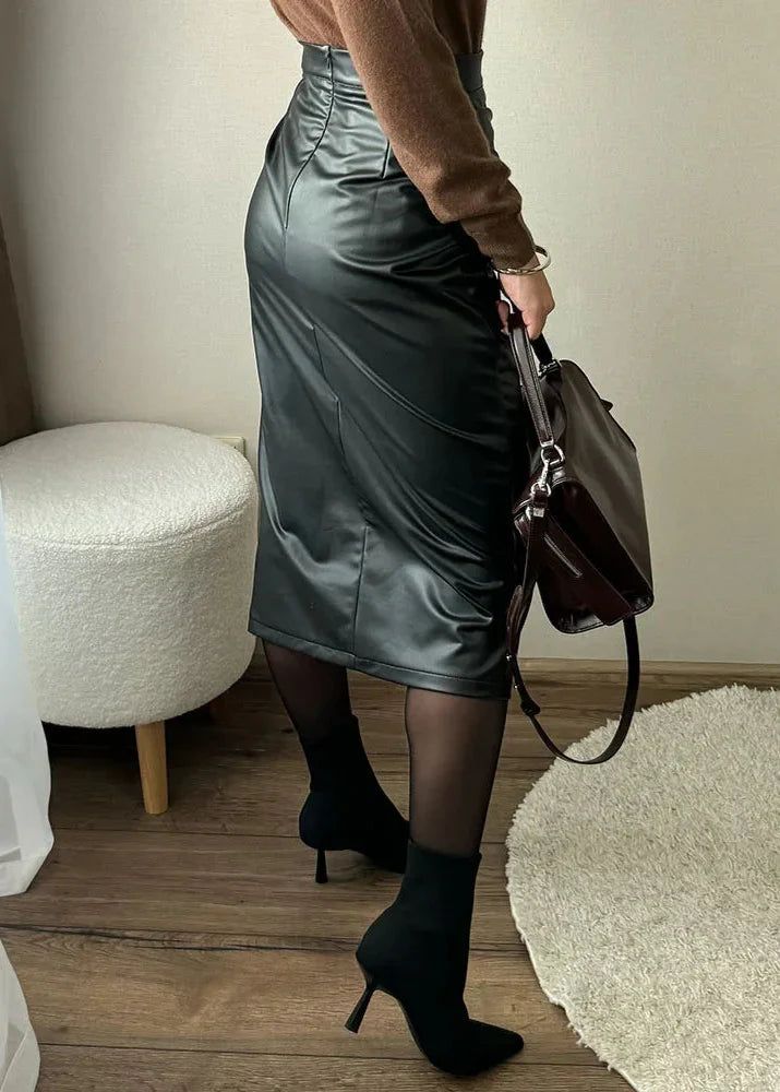 Women's Draped Faux Leather Midi Pencil Skirt with Slit