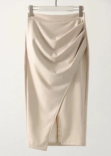 Women's Draped Faux Leather Midi Pencil Skirt with Slit