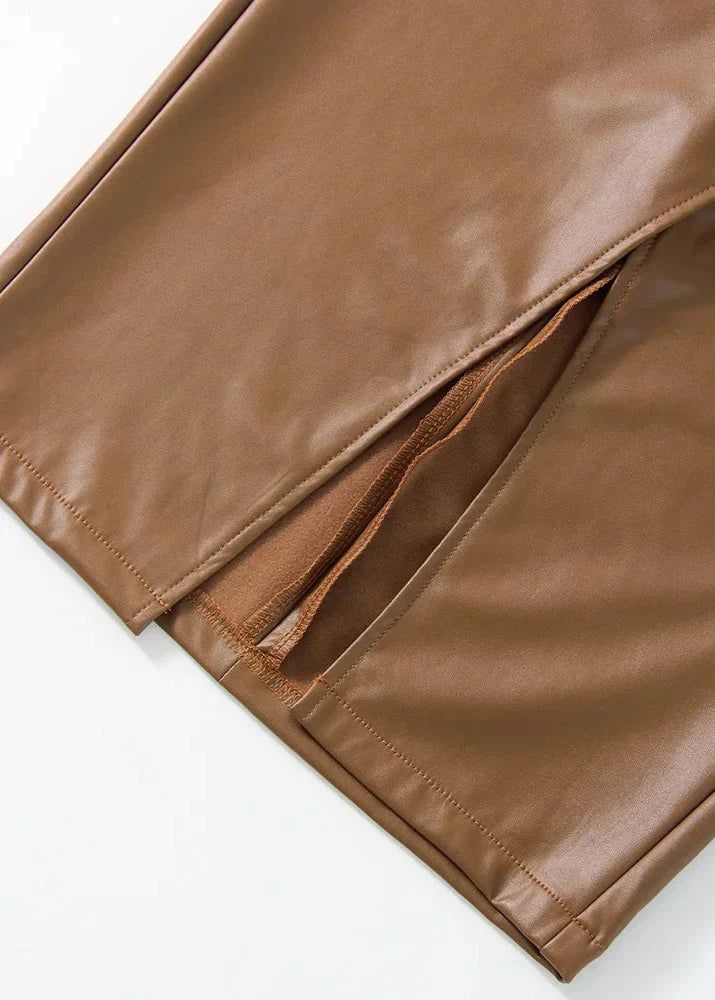 Women's Draped Faux Leather Midi Pencil Skirt with Slit