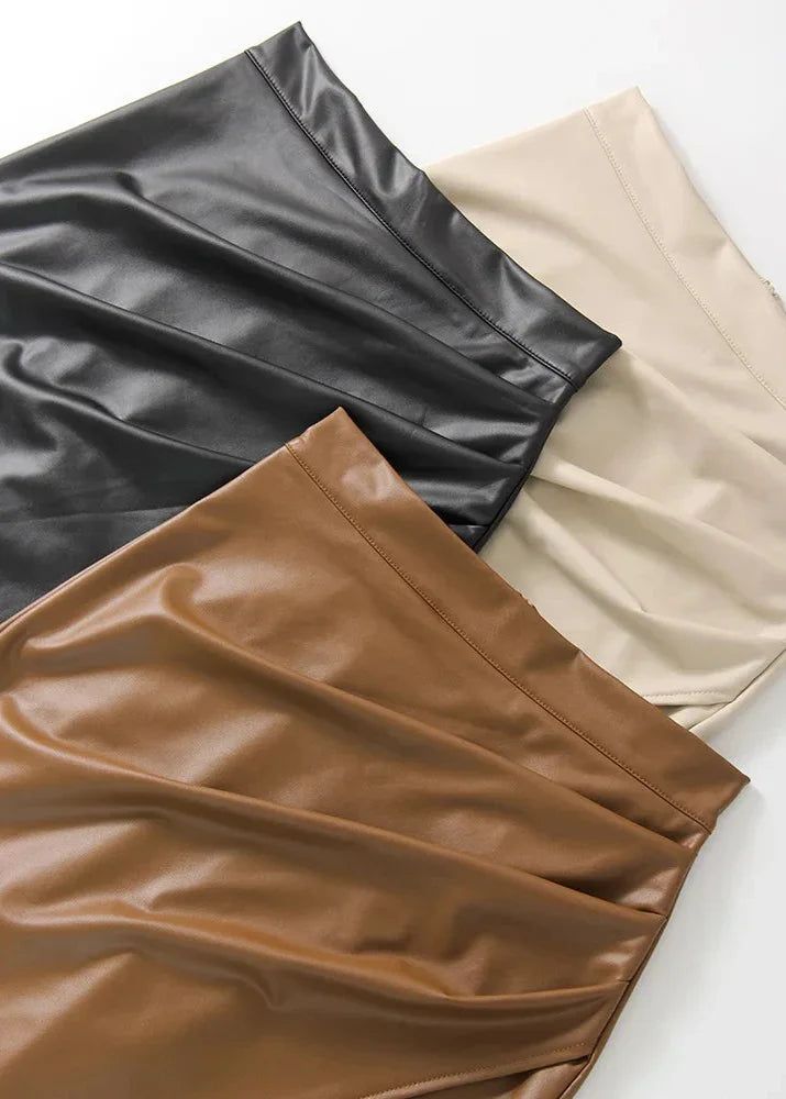 Women's Draped Faux Leather Midi Pencil Skirt with Slit