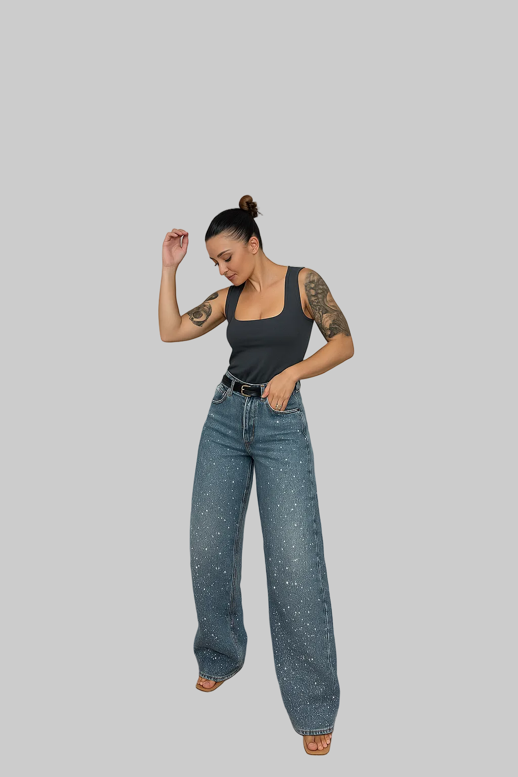 Women's High-Waist Wide-Leg Rhinestone Sparkle Jeans