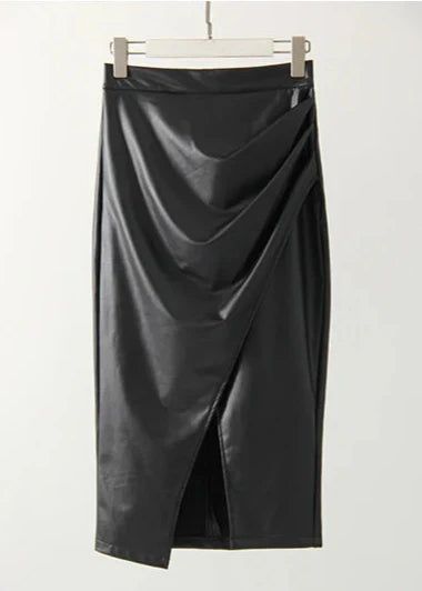 Women's Draped Faux Leather Midi Pencil Skirt with Slit