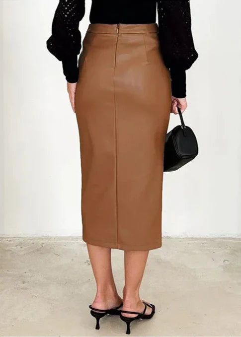 Women's Draped Faux Leather Midi Pencil Skirt with Slit