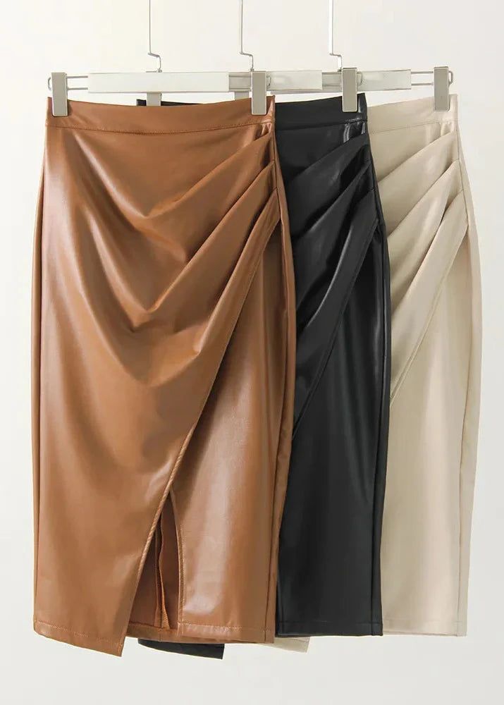 Women's Draped Faux Leather Midi Pencil Skirt with Slit