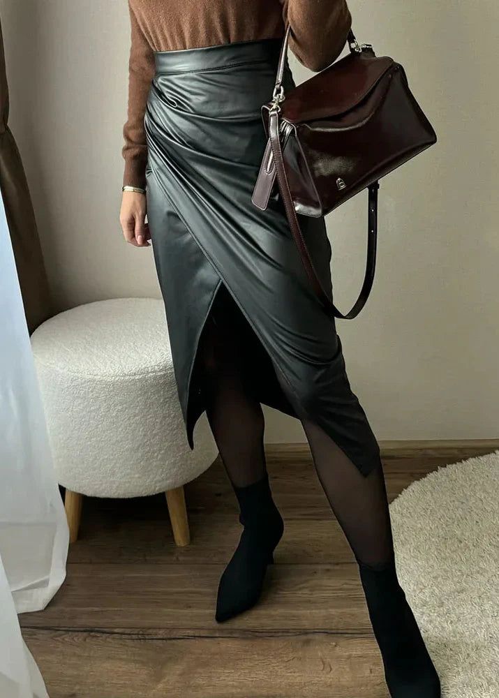 Women's Draped Faux Leather Midi Pencil Skirt with Slit